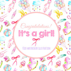 Card template, frame border on baby girl shower watercolor elements background (toys, air balloons, rainbow, nipple, feathers and other)
