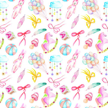 Seamless pattern with baby girl shower watercolor elements (toys, air balloons, rainbow, nipple, feathers and other), hand painted isolated on a white background