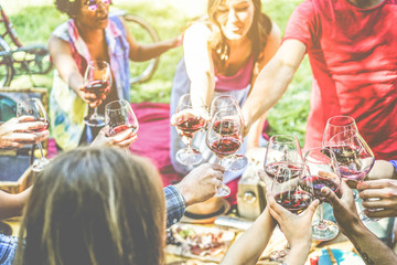 Group of friends enjoying picnic while cheering with red wine and eating snack appetizer outdoor - Young people drinking and having fun together - Focus on right bottom glasses - Vintage retro filter