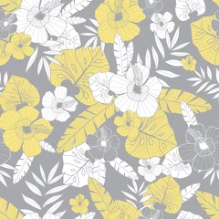 Foto op Canvas Vector light yellow and grey drawing tropical summer hawaiian seamless pattern with tropical plants, leaves, and hibiscus flowers. Great for vacation themed fabric, wallpaper, packaging. © Oksancia
