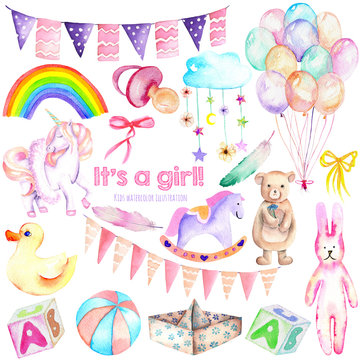 Baby girl shower watercolor elements set (toys, unicorn, air balloons, rainbow, nipple, feathers and other), hand painted isolated on a white background, for baby shower invitation and girl birthday