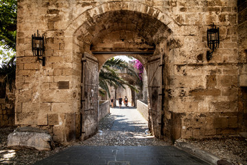Ruins of the castle and city walls of Rhodes. Defensive Fortress of the Joannites.Historic castle on the shores of the Aegean and Mediterranean.