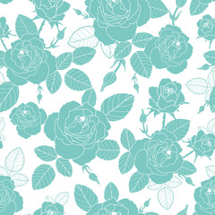 Vector vintage light blue and white roses and leaves seamless repeat pattern. Great for retro fabric, wallpaper, scrapbooking projects.