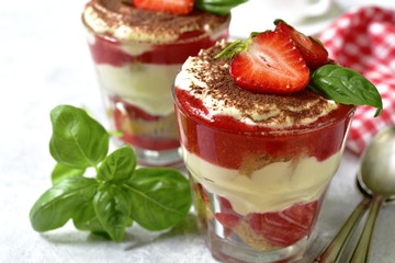Strawberry basil tiramisu - traditional italian dessert.