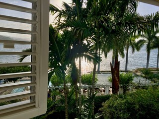 Sunset in luxurious tropical resort (hotel) with blue sky, white shutters, private pool, lush green...