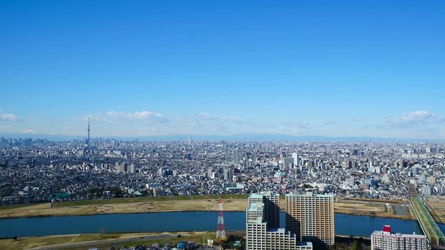 4K 東京タイムラプス　都心全景　東京スカイツリー　富士山　荒川　ワイド　FIX