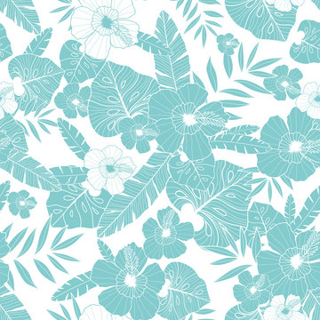Vector light blue drawing tropical summer hawaiian seamless pattern with tropical plants, leaves, and hibiscus flowers. Great for vacation themed fabric, wallpaper, packaging.