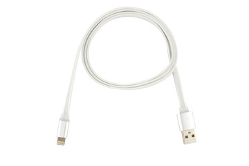 White usb cable for iPhone or iPad. Twisted in a ring, on a white isolated background. Horizontal frame