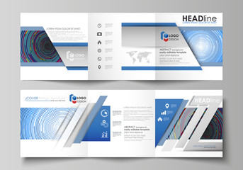 Set of business templates for tri fold square design brochures. Leaflet cover, abstract flat layout, easy editable vector. Blue color background in minimalist style made from colorful circles.