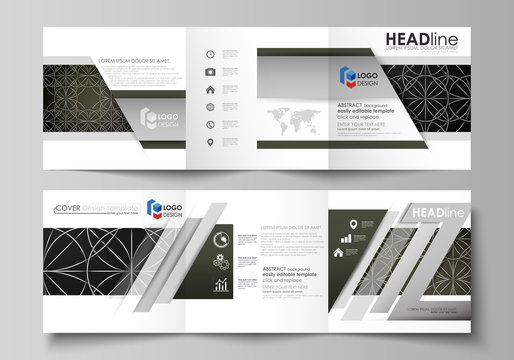 Business templates for tri fold square design brochures. Leaflet cover, flat layout, easy editable vector. Celtic pattern. Abstract ornament, geometric vintage texture, medieval classic ethnic style.