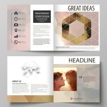 Business templates for square design bi fold brochure, flyer, booklet. Leaflet cover, abstract vector layout. Romantic couple kissing. Beautiful background. Geometrical pattern in triangular style.