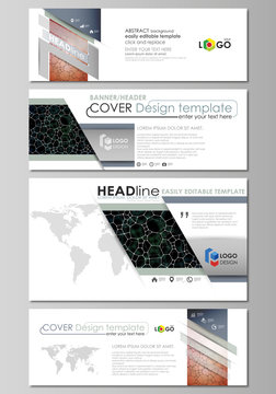 Social media and email headers set, modern banners. Business templates. Vector layouts in popular sizes. Chemistry pattern, molecular texture, polygonal molecule structure, cell. Microbiology concept.