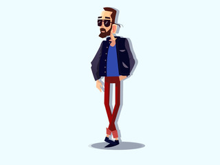 Cool vector hipster man character stands in a relaxed pose