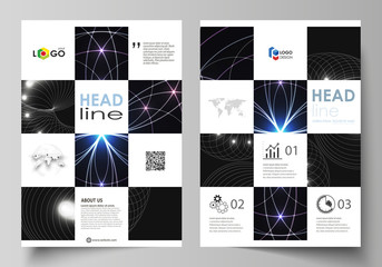 Business templates for brochure, magazine, flyer, booklet or annual report. Cover design template, vector abstract layout in A4 size. Sacred geometry, glowing geometrical ornament. Mystical background