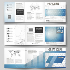 Set of business templates for tri fold square design brochures. Leaflet cover, abstract vector layout. Geometric blue color background, molecule structure, science concept. Connected lines and dots.