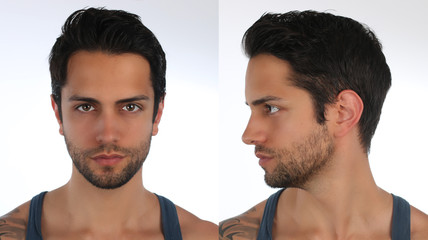Portrait d' un bel homme de profil et de face . Création de personnage virtuel en 3D ou d' un avatar. 
