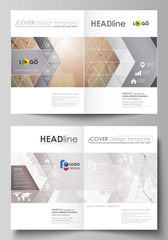 The vector illustration of the editable layout of two A4 format modern cover mockups design templates for brochure, magazine, flyer. Global network connections, technology background with world map.