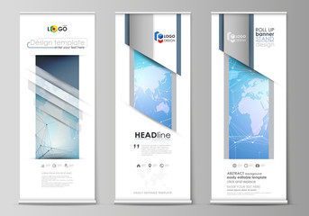 The minimalistic vector illustration of editable layout of roll up banner stands, vertical flyers, flags design business templates. World map on blue, geometric technology design, polygonal texture.