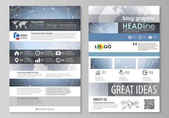 The abstract minimalistic vector illustration of the editable layout of two modern blog graphic pages mockup design templates. Abstract futuristic network shapes. High tech background.