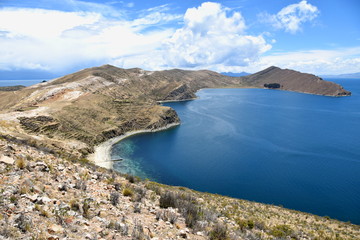 Fototapeta na wymiar Stunning view of the Chincana Ruins overlooking the beach on the Isla del Sol on Lake Titicaca