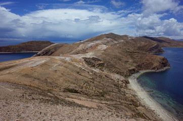 Stunning view of the Chincana Ruins overlooking the beach on the Isla del Sol on Lake Titicaca