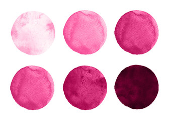 Watercolor circles collection pink colors. Stains set isolated on white background. Design elements