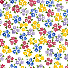 Fototapeta na wymiar Calico watercolor pattern. Stunning seamless cute small flowers for fabric design. Calico pattern in country stile. Trendy handpainted millefleurs.