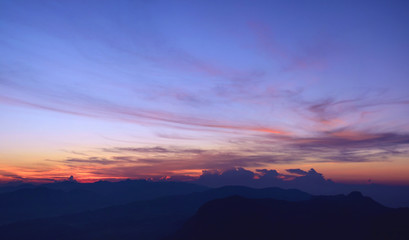 Amazing colorful sunrise in the mountains. Veiw from the Adam's Peak, Sri Lanka