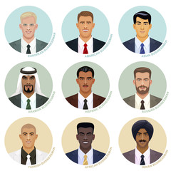 Vector set of international businessman faces. Attractive male avatars of various nations in the round frames. European, American, Asian, Arabian, Hispanic, African and Indian types.