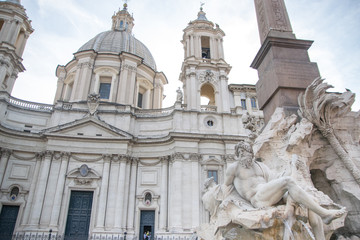 Fountain of the Four Rivers (Fontana dei Quattro Fiumi), Santa Ines en Agonia Church and Agonale obelisk at Piazza Navona square - obrazy, fototapety, plakaty