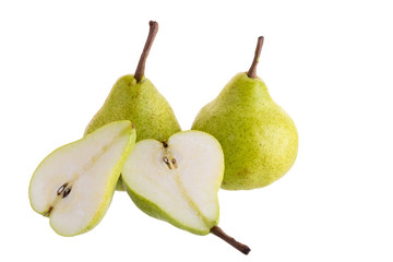Naklejka na ściany i meble Ripe green pears with half and slice isolated on a white background