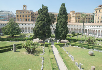 The Garden of The Diocletian Baths in Rome, with archaeologic sculpture around