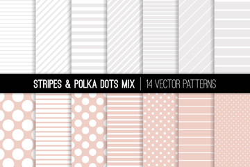 Polka Dot and Diagonal and Horizontal Stripes Vector Patterns in Blush Pink, White and Silver Grey. Neutral Backgrounds. Tiny and Jumbo Polka Spots and Various Thickness Lines. Tile Swatches Included.