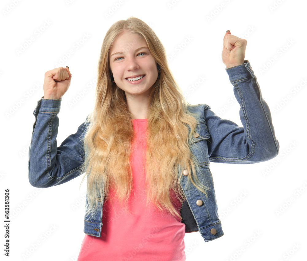 Poster Cute teenager girl on white background