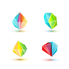 Set of minimal geometric multicolor low poly shapes. Trendy polygonal icons and logotypes. Business signs symbols, labels, badges, frames and borders