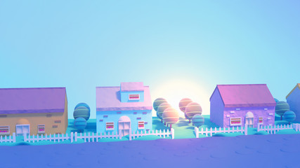 Cartoon houses at dawn when the sun just about to rise. Cute neighborhood. 3d render picture.