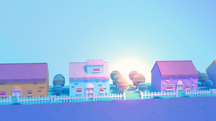 Naklejka premium Cartoon houses at dawn when the sun just about to rise. Cute neighborhood. 3d render picture.