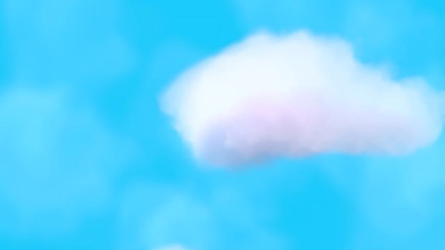 Looped motion graphics of cartoon style white fluffy clouds in the sky. Camera moving up and passing through the atmosphere. Beautiful blue sky animation.