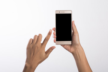 Close Up of a woman holding on mobile phone isolated on white background.