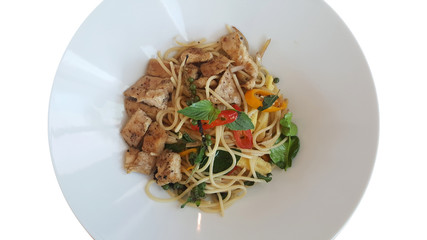 Black pepper chicken breast meat with spaghetti