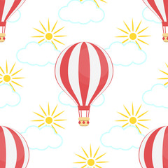 Hot air balloon, sky, clouds, sun, seamless