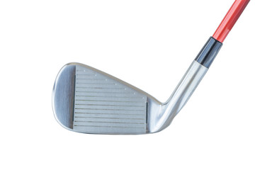 Close up the shiny metal golf driver club on white background.