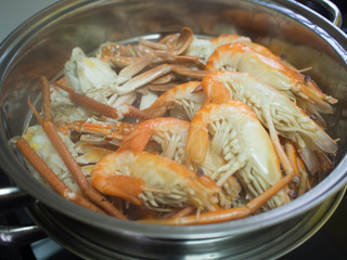 Shrimp and Crab cooked by steam in stainless steel steamer pot
