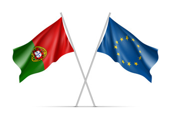 Portugal and European Union waving flags on flagpole. EU sign with twelve gold stars on blue and Portugal national symbol green and red colors. Two flags isolated on white background