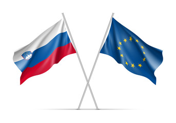 Slovenia and European Union waving flags on flagpole. EU sign with twelve gold stars on blue and Slovenia national symbol white, blue and red colors. Two flags isolated on white background