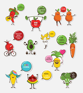 Naklejki set of funny fruit and vegetable icons. Cartoon face food emoji. Funny food concept.