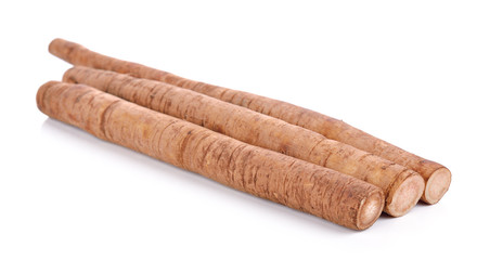 Fresh Burdock roots on white background
