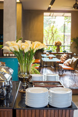 Breakfast buffet table in the luxury restaurant.