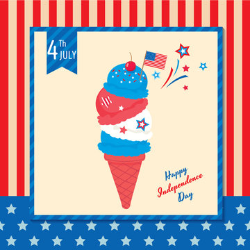 Ice Cream Cone Design For Happy Independence Day United States Of America, 4th July On Usa National Flag Background.