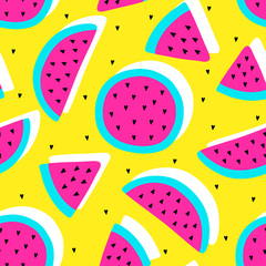 Wektor bezszwowe kolory owoców arbuz szalony wzór. Plasterki arbuza. Bardzo jasny kolorowy śliczny kreskówki tło (tapeta, tkanina). Dziecięcy styl, abstrakcyjny pop-art - 162590705